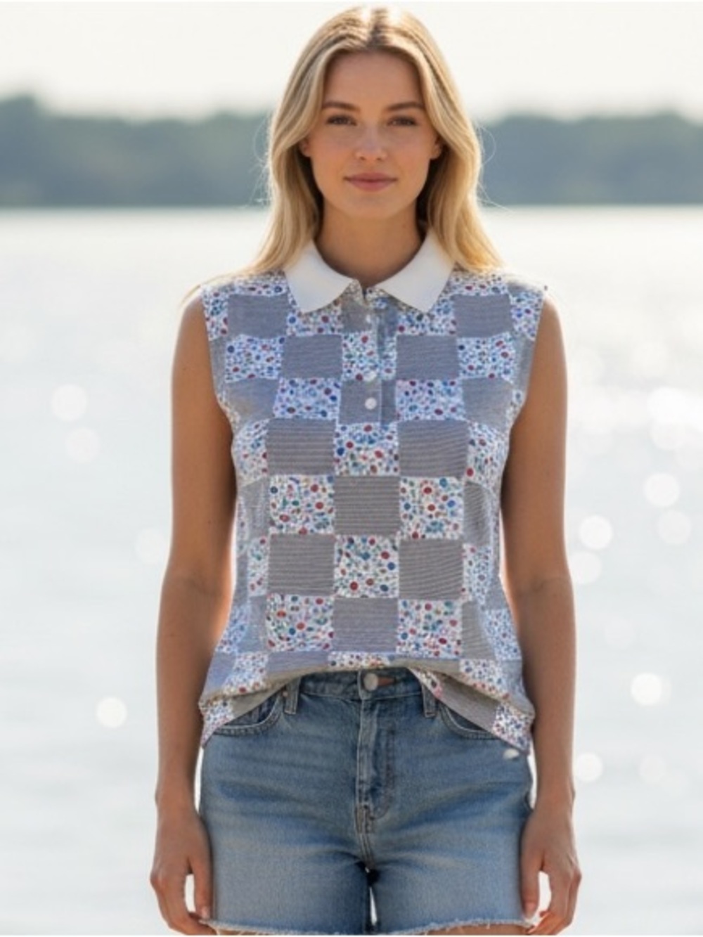 Lands' End Sleeveless Patchwork Polo in Blue, White and Multicolor